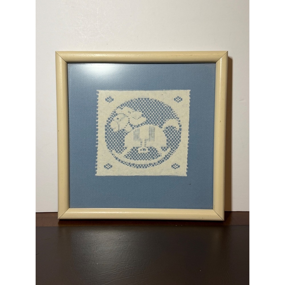 Vintage Framed Rocking Horse Filet Lace Textile Art Nursery Wall Decor